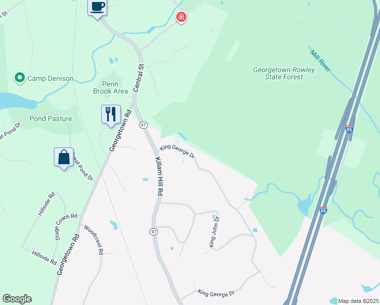 map of restaurants, bars, coffee shops, grocery stores, and more near 99 King George Drive in Boxford