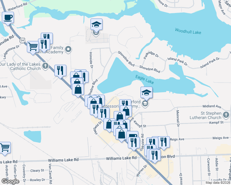 map of restaurants, bars, coffee shops, grocery stores, and more near 5069 Eagle Lake Drive in Waterford Township