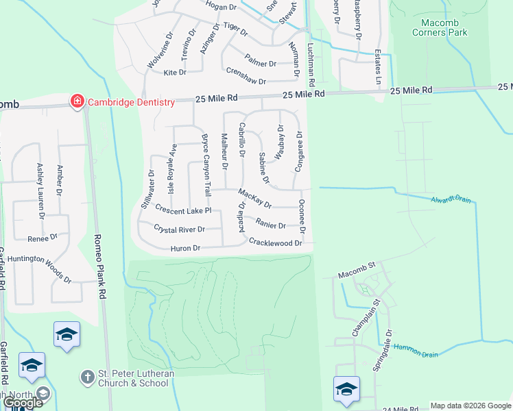 map of restaurants, bars, coffee shops, grocery stores, and more near 18257 Ranier Drive in Macomb