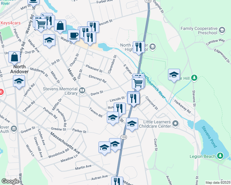 map of restaurants, bars, coffee shops, grocery stores, and more near 17 Lincoln Street in North Andover