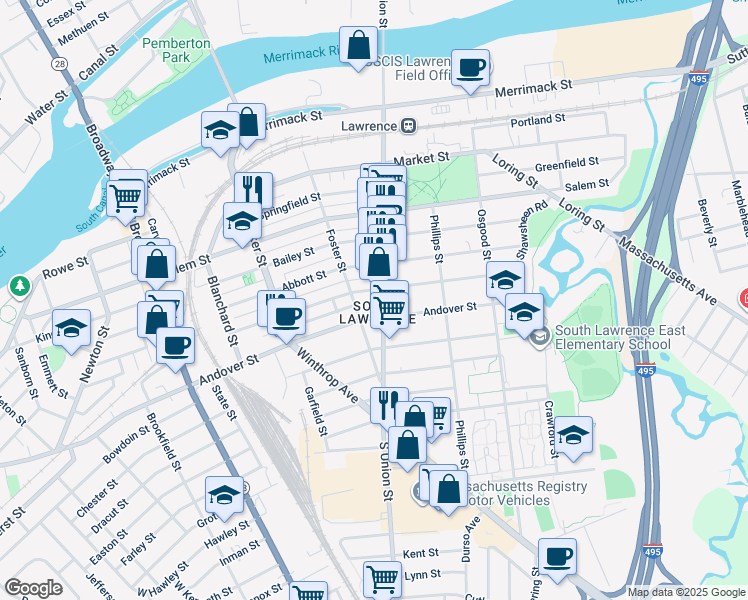map of restaurants, bars, coffee shops, grocery stores, and more near 236 South Union Street in Lawrence