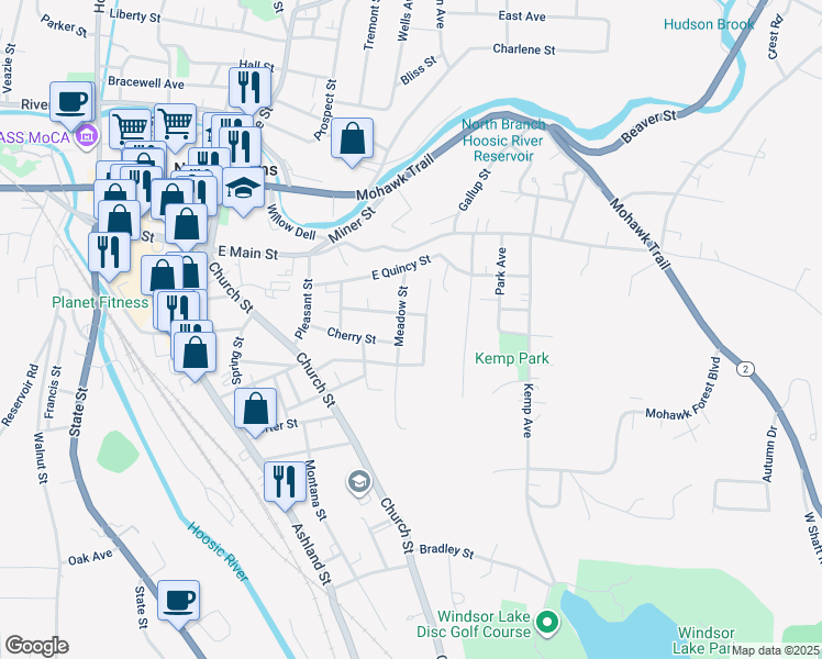 map of restaurants, bars, coffee shops, grocery stores, and more near 77 Yale Street in North Adams