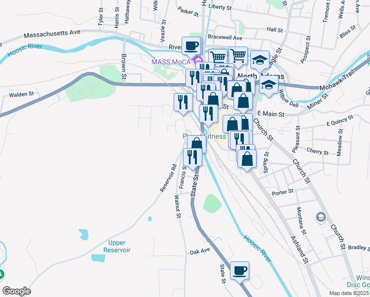map of restaurants, bars, coffee shops, grocery stores, and more near 134 Furnace Street in North Adams