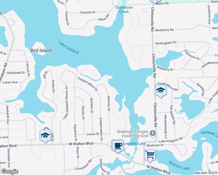 map of restaurants, bars, coffee shops, grocery stores, and more near 3776 Mariner Street in Waterford Township
