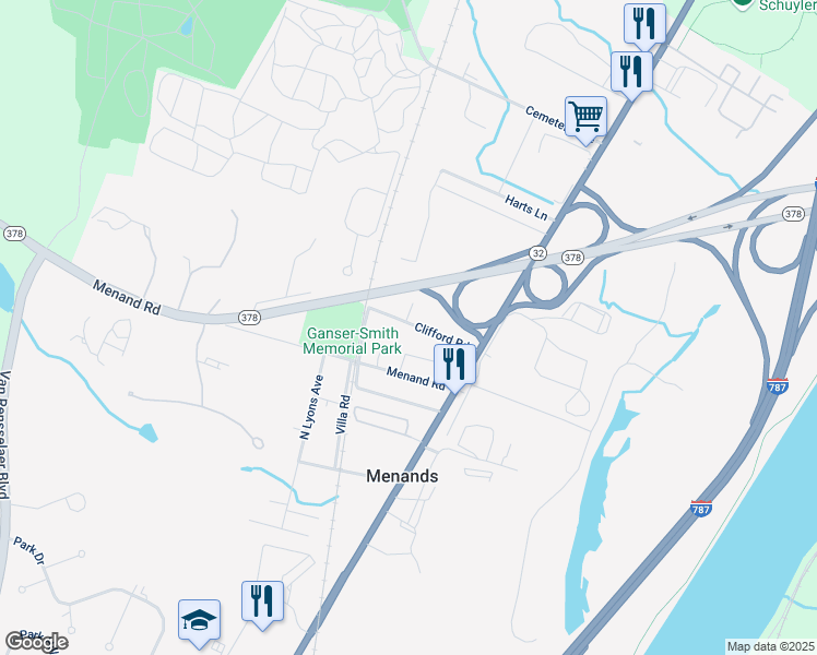 map of restaurants, bars, coffee shops, grocery stores, and more near 33 Clifford Road in Menands