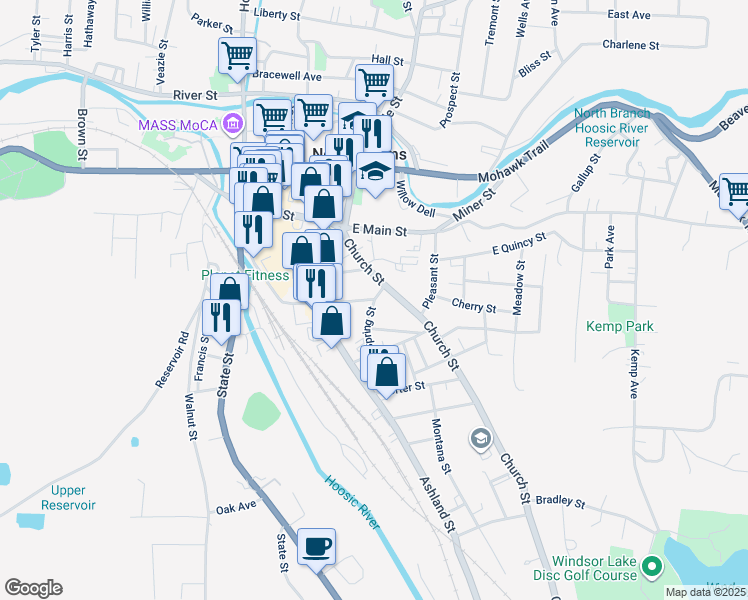 map of restaurants, bars, coffee shops, grocery stores, and more near 105 Chestnut Street in North Adams