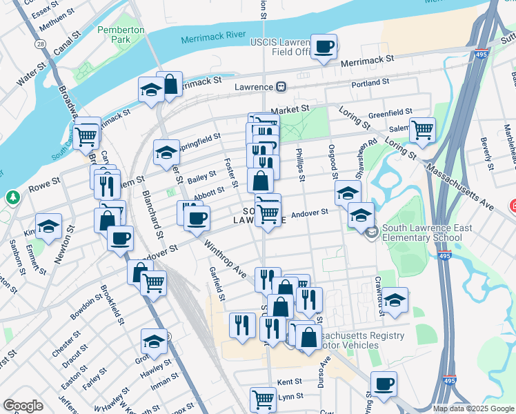 map of restaurants, bars, coffee shops, grocery stores, and more near 236 South Union Street in Lawrence