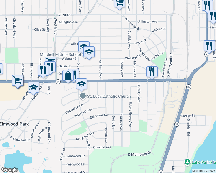 map of restaurants, bars, coffee shops, grocery stores, and more near 2415 Durand Avenue in Mount Pleasant