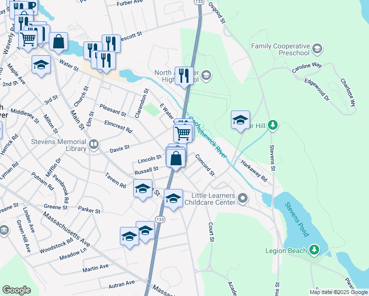 map of restaurants, bars, coffee shops, grocery stores, and more near 30 Bunkerhill Street in North Andover