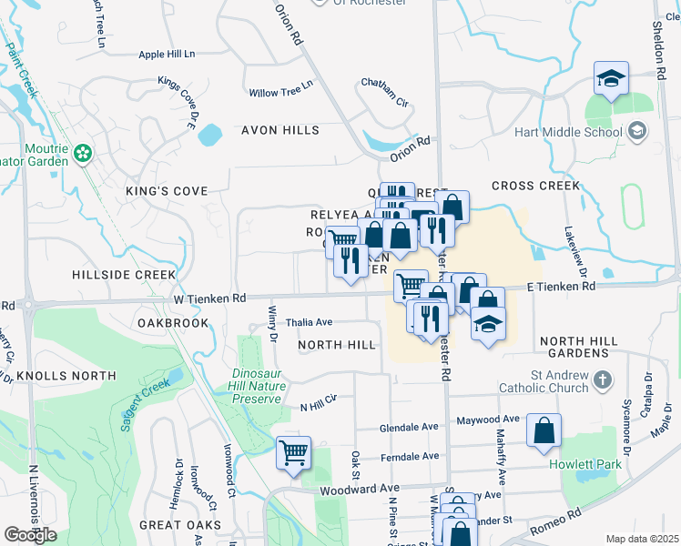 map of restaurants, bars, coffee shops, grocery stores, and more near 292 West Tienken Road in Rochester Hills