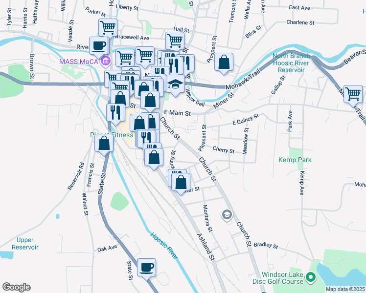 map of restaurants, bars, coffee shops, grocery stores, and more near 147 Church Street in North Adams