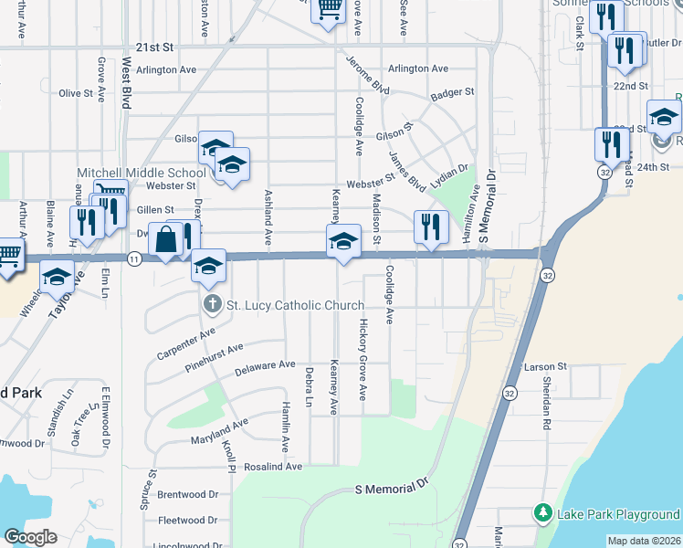 map of restaurants, bars, coffee shops, grocery stores, and more near 3019 Kearney Avenue in Mount Pleasant