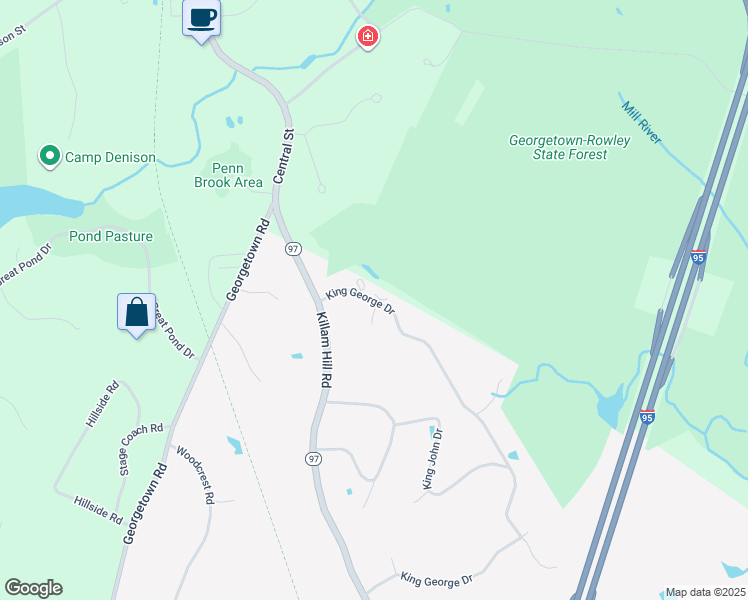 map of restaurants, bars, coffee shops, grocery stores, and more near 99 King George Drive in Boxford