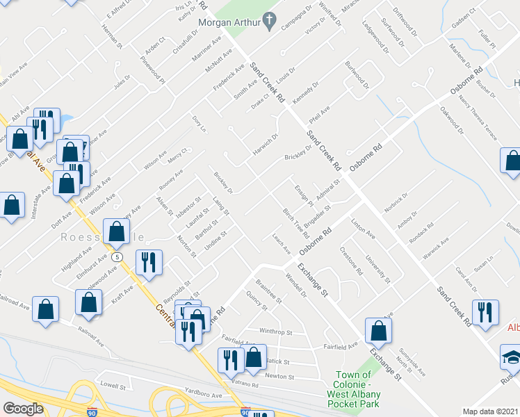 map of restaurants, bars, coffee shops, grocery stores, and more near 32 Commodore Street in Albany