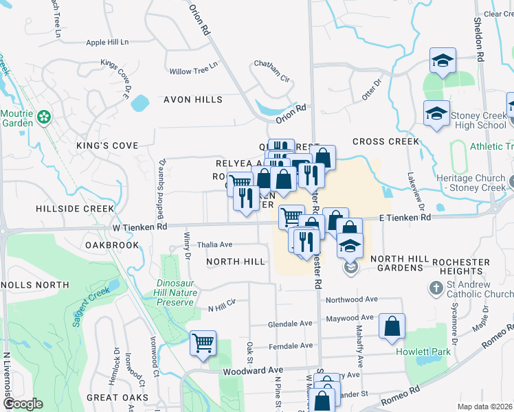 map of restaurants, bars, coffee shops, grocery stores, and more near 190 West Tienken Road in Rochester Hills