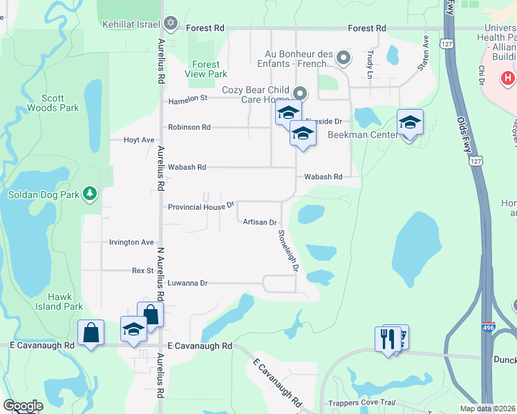map of restaurants, bars, coffee shops, grocery stores, and more near 2429 Artisan Drive in Lansing