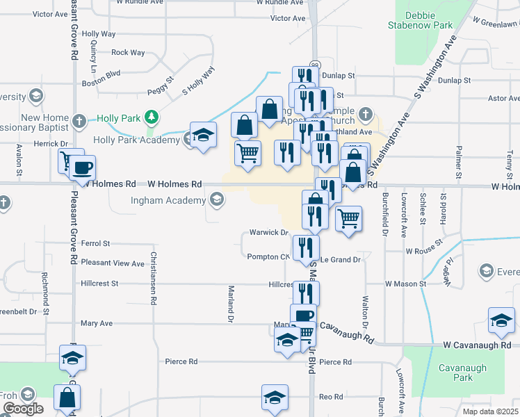 map of restaurants, bars, coffee shops, grocery stores, and more near 1401 West Holmes Road in Lansing