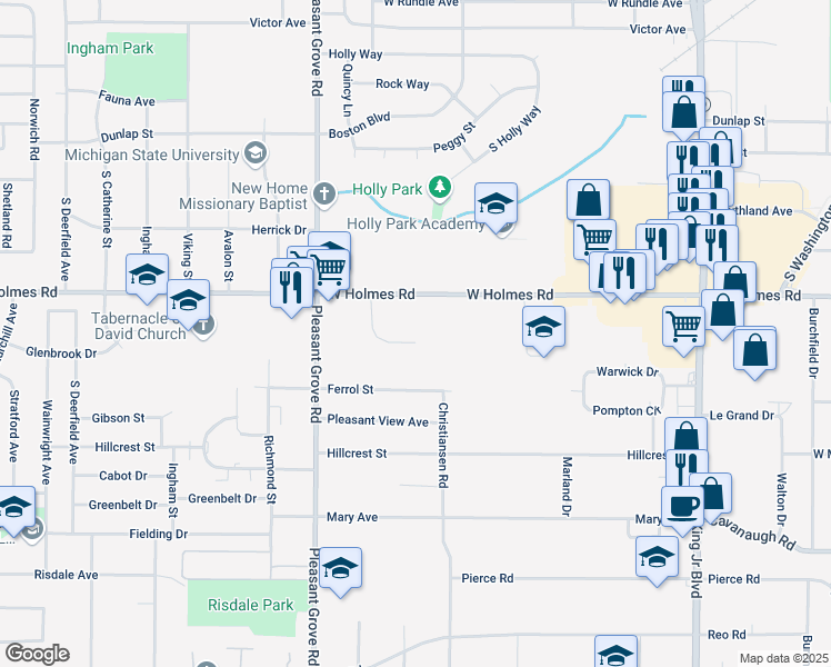 map of restaurants, bars, coffee shops, grocery stores, and more near 3610 Simken Drive in Lansing