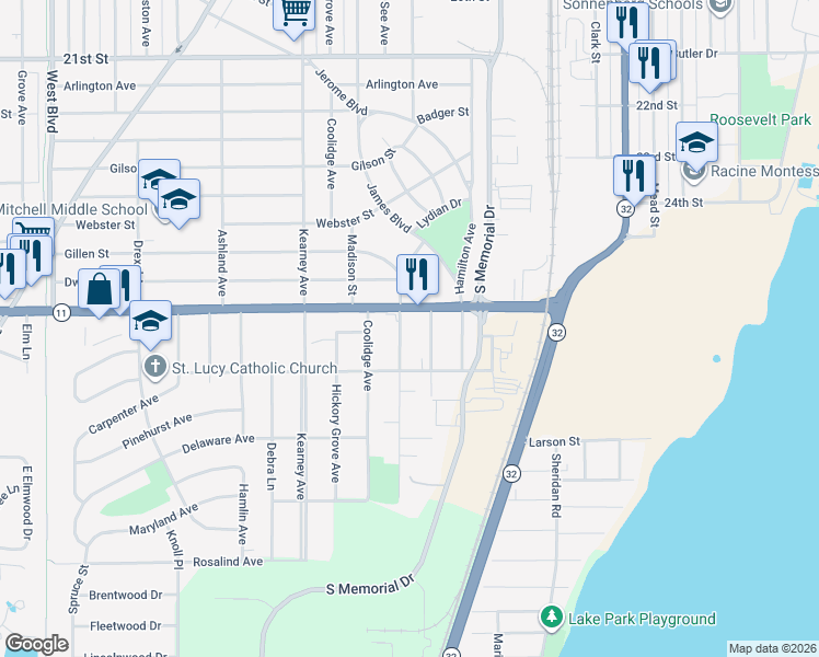 map of restaurants, bars, coffee shops, grocery stores, and more near 3034 Phillips Avenue in Mount Pleasant