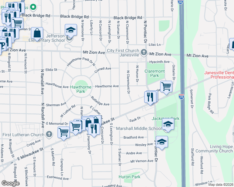 map of restaurants, bars, coffee shops, grocery stores, and more near 1016 North Lexington Drive in Janesville