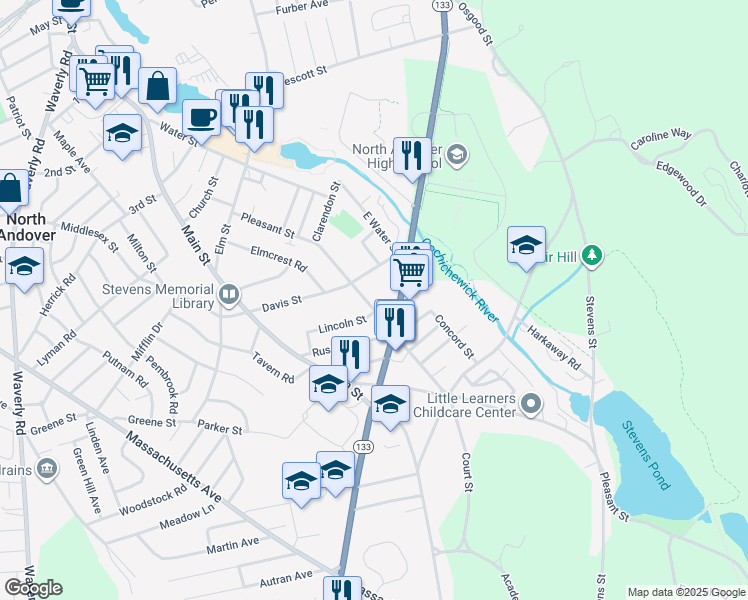 map of restaurants, bars, coffee shops, grocery stores, and more near 170 Pleasant Street in North Andover