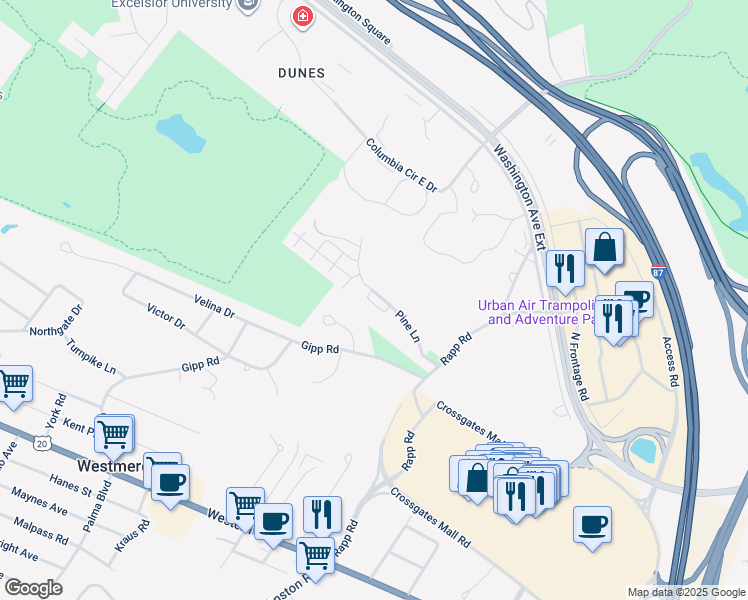 map of restaurants, bars, coffee shops, grocery stores, and more near 25 Pine Lane in Albany