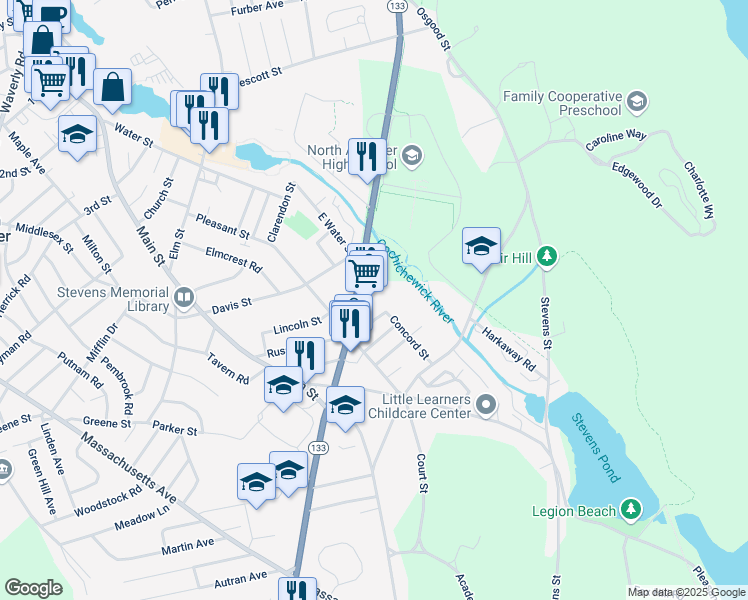 map of restaurants, bars, coffee shops, grocery stores, and more near 30 Bunkerhill Street in North Andover