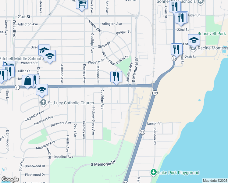 map of restaurants, bars, coffee shops, grocery stores, and more near 3034 Phillips Avenue in Mount Pleasant