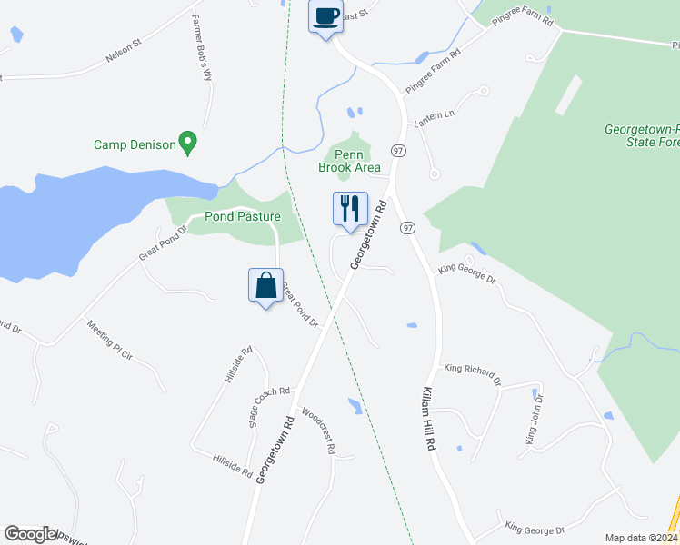 map of restaurants, bars, coffee shops, grocery stores, and more near 244 Georgetown Road in Boxford