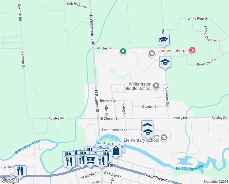 map of restaurants, bars, coffee shops, grocery stores, and more near 711 Orchard Drive in Williamston