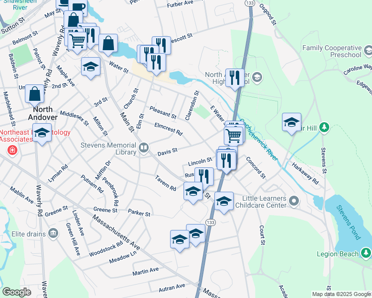 map of restaurants, bars, coffee shops, grocery stores, and more near 57 Davis Street in North Andover