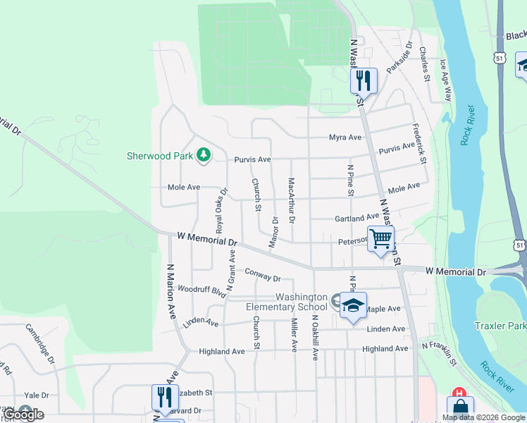 map of restaurants, bars, coffee shops, grocery stores, and more near 1131 Church Street in Janesville