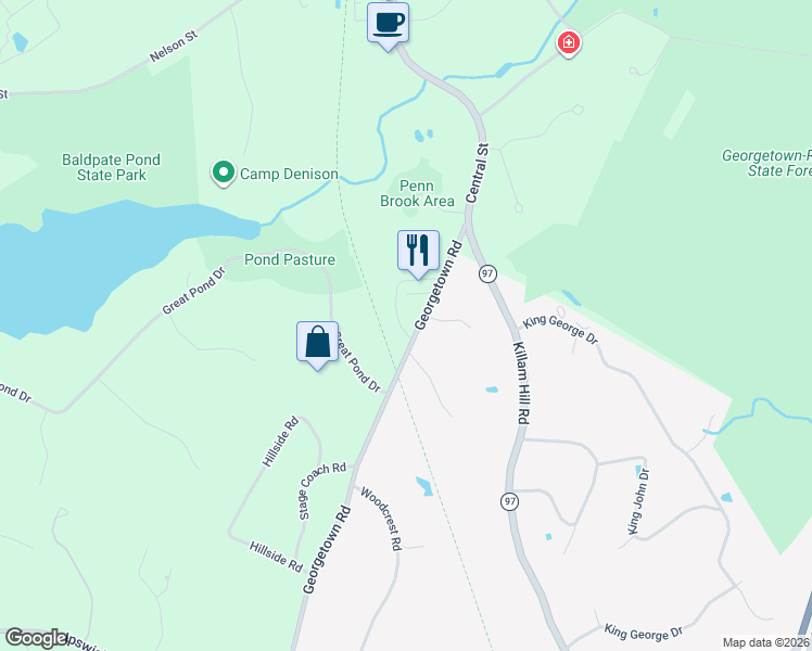 map of restaurants, bars, coffee shops, grocery stores, and more near 241 Georgetown Road in Boxford