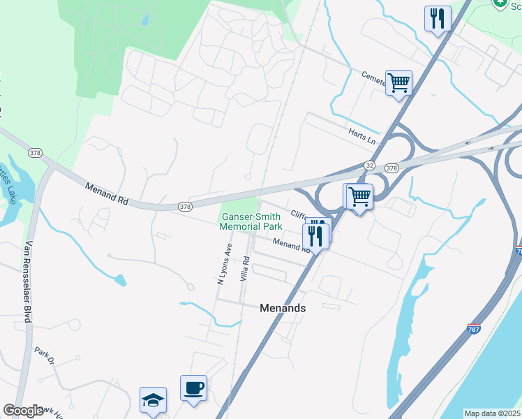 map of restaurants, bars, coffee shops, grocery stores, and more near 32 Railroad Avenue in Menands