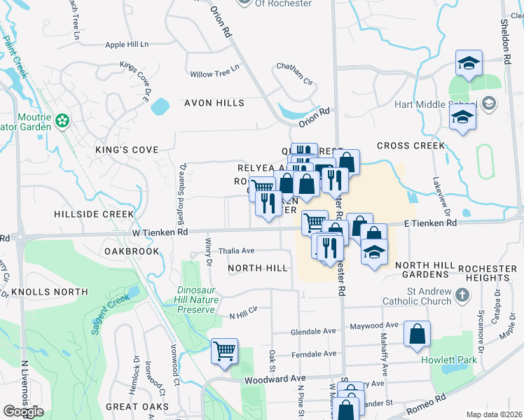 map of restaurants, bars, coffee shops, grocery stores, and more near 292 West Tienken Road in Rochester Hills