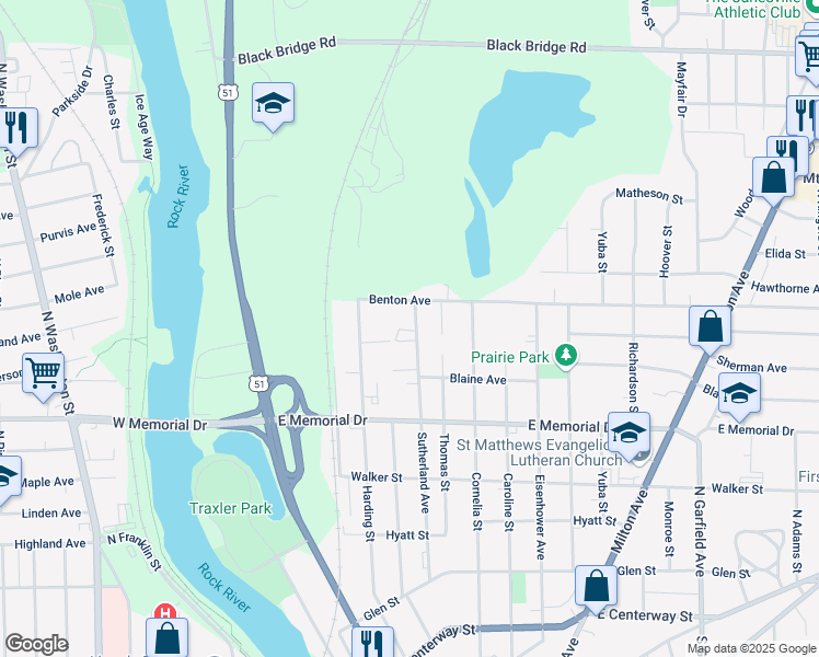 map of restaurants, bars, coffee shops, grocery stores, and more near 1005 Sutherland Avenue in Janesville