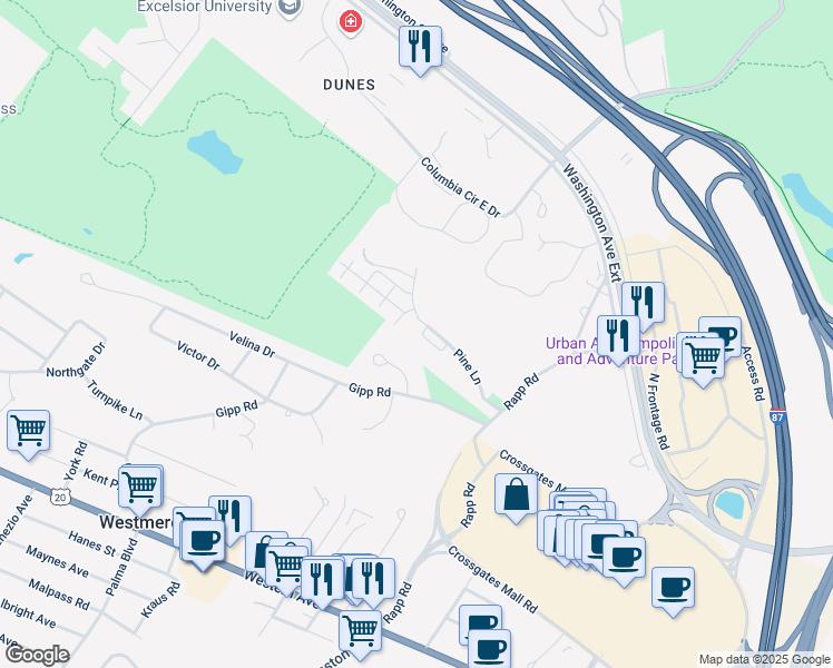 map of restaurants, bars, coffee shops, grocery stores, and more near 13 Wilan Lane in Albany