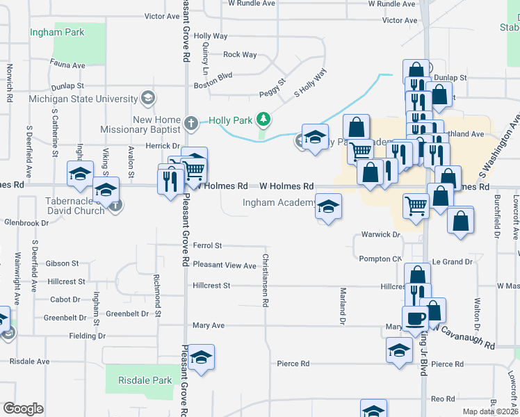 map of restaurants, bars, coffee shops, grocery stores, and more near 3630 Simken Drive in Lansing