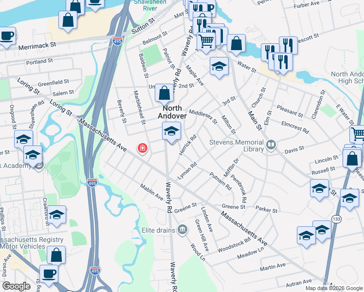 map of restaurants, bars, coffee shops, grocery stores, and more near 41 Herrick Road in North Andover