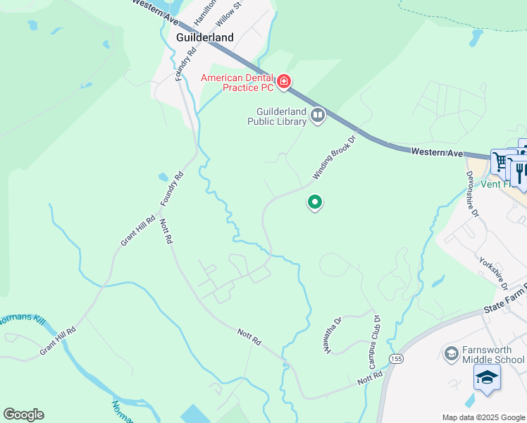 map of restaurants, bars, coffee shops, grocery stores, and more near 38 Winding Brook Drive in Guilderland