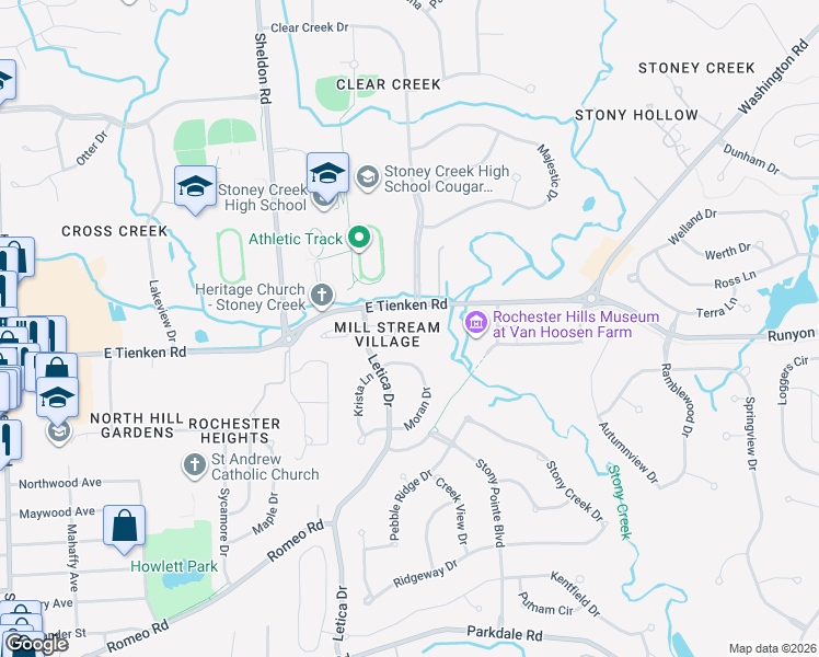 map of restaurants, bars, coffee shops, grocery stores, and more near 1073 Moran Drive in Rochester