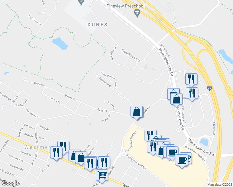 map of restaurants, bars, coffee shops, grocery stores, and more near 13 Wilan Lane in Albany
