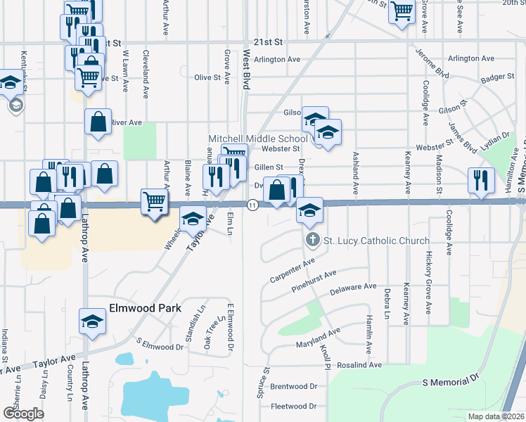 map of restaurants, bars, coffee shops, grocery stores, and more near 2832 Glendale Avenue in Racine