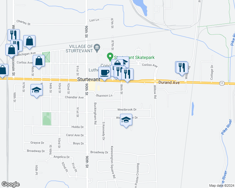 map of restaurants, bars, coffee shops, grocery stores, and more near 8616 Buckingham Road in Sturtevant