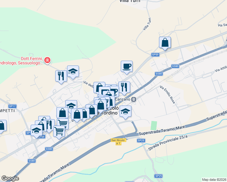 map of restaurants, bars, coffee shops, grocery stores, and more near in San Nicolò A Tordino