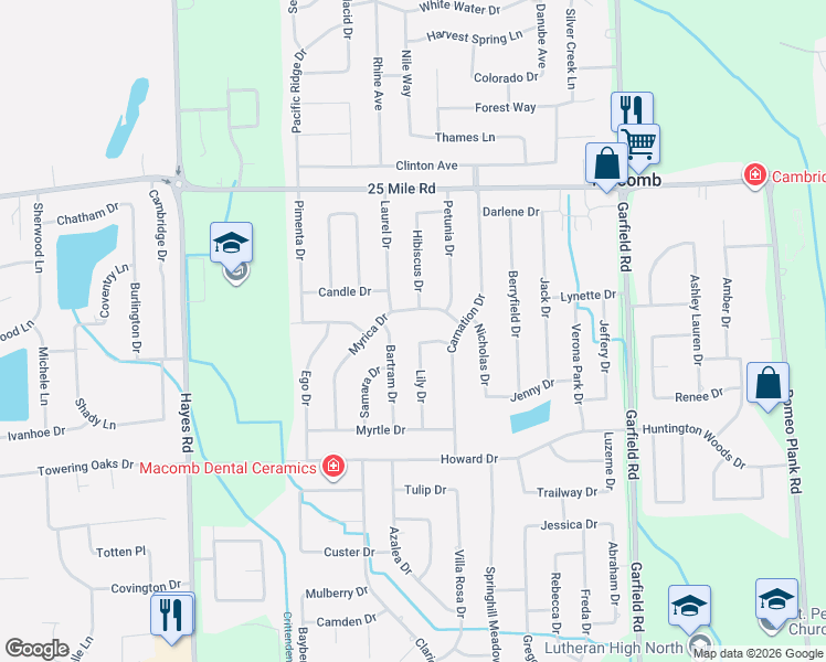 map of restaurants, bars, coffee shops, grocery stores, and more near 15872 Tea Rose Drive in Macomb