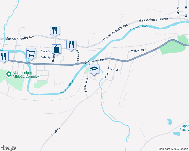 map of restaurants, bars, coffee shops, grocery stores, and more near 114 Brickyard Court in North Adams
