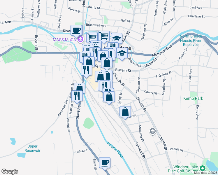 map of restaurants, bars, coffee shops, grocery stores, and more near 116 Ashland Street in North Adams