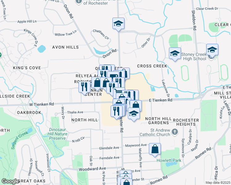 map of restaurants, bars, coffee shops, grocery stores, and more near 6980 North Rochester Road in Rochester Hills