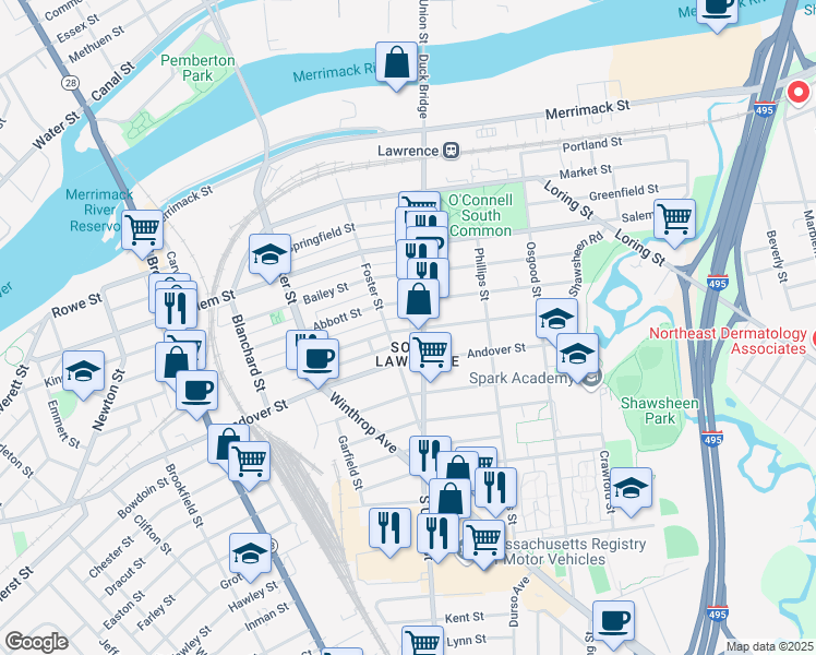map of restaurants, bars, coffee shops, grocery stores, and more near 156 Farnham Street in Lawrence